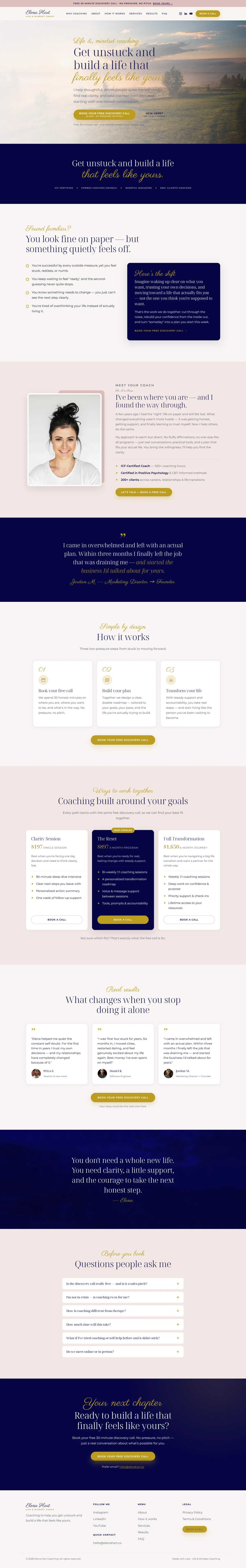 Full-page design of the Elena Hart Coaching website