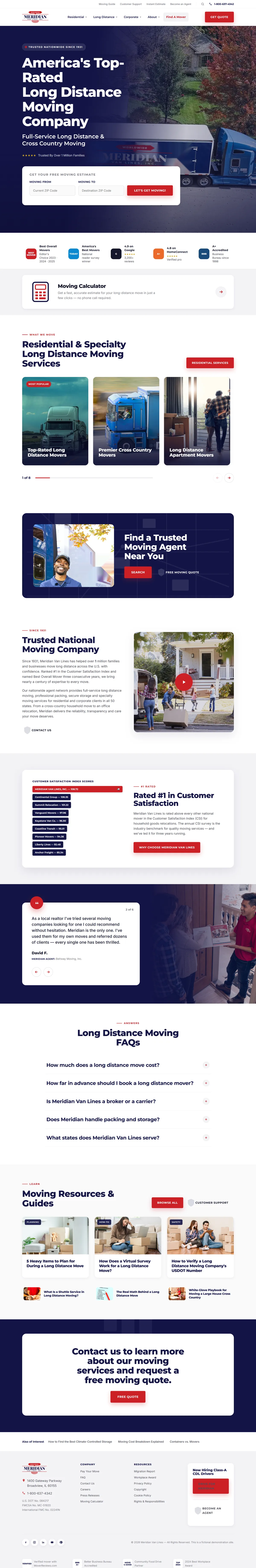Full-page design of the Meridian Van Lines website