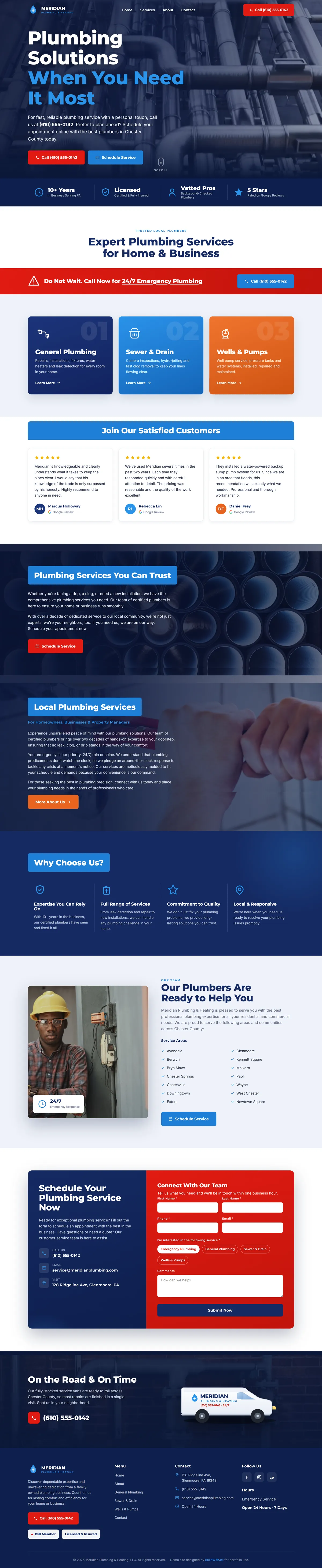 Full-page design of the Meridian Plumbing & Heating website